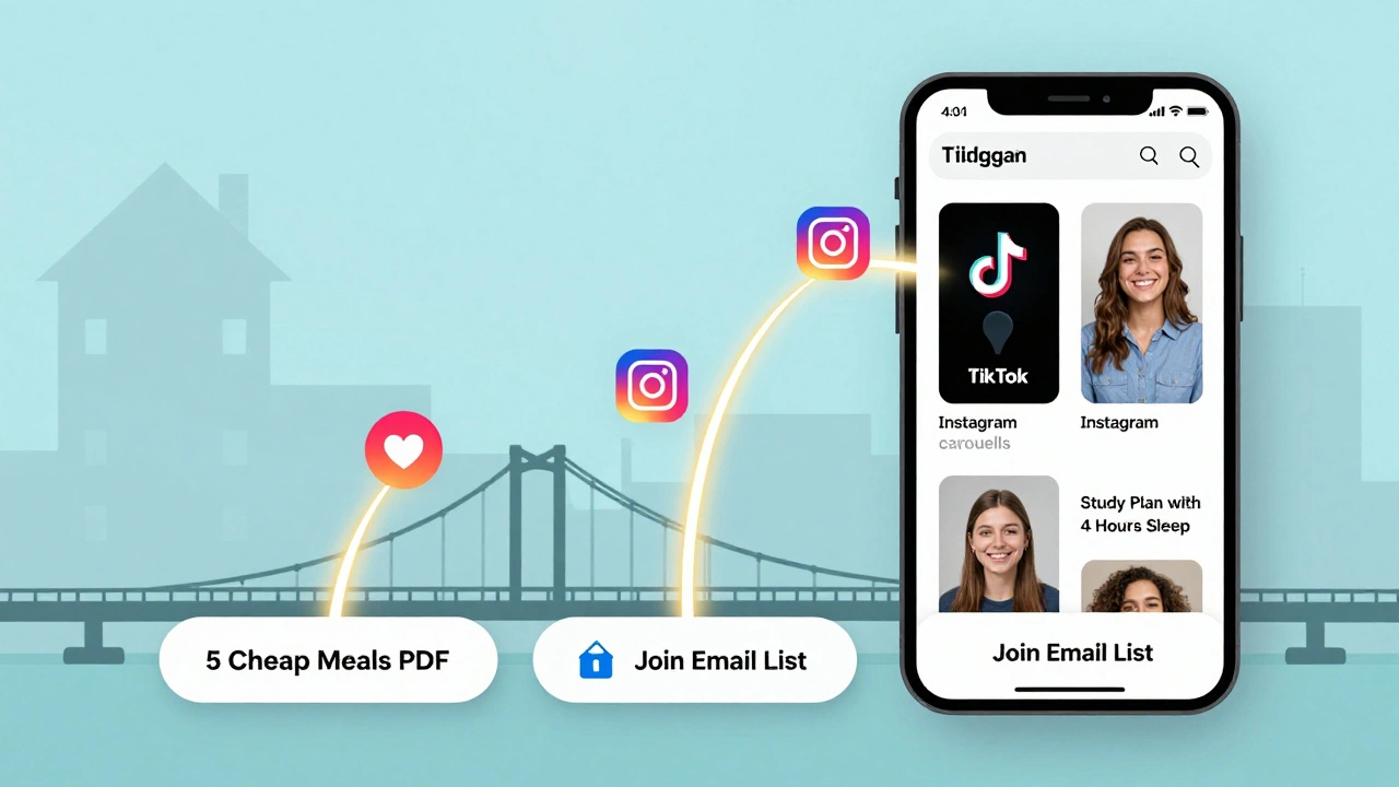Digital bridge linking social media posts to blog landing page with free resource buttons