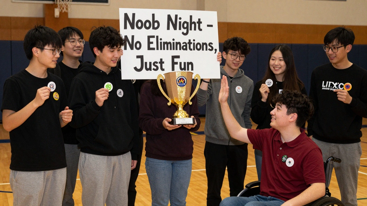 Diverse group celebrating a tournament with handmade trophies and custom stickers, inclusive and joyful.