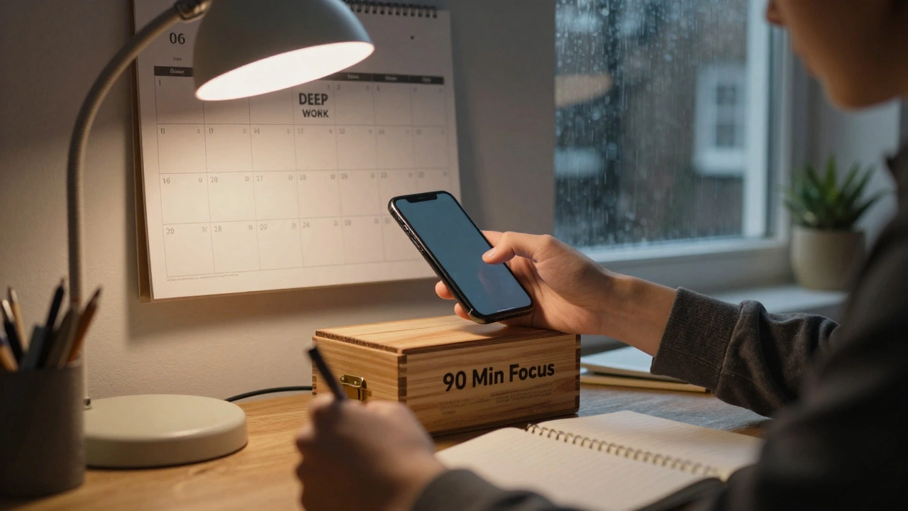 Hand placing phone in a locked box as another hand writes, calendar shows focused study blocks.