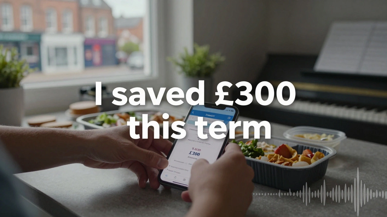 Hands preparing a cheap meal with bank app showing £300 savings, Tesco receipt in foreground