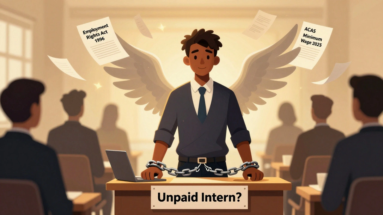 International student breaking chains of unpaid labor, legal documents rising like wings around them, corporate shadows in background.