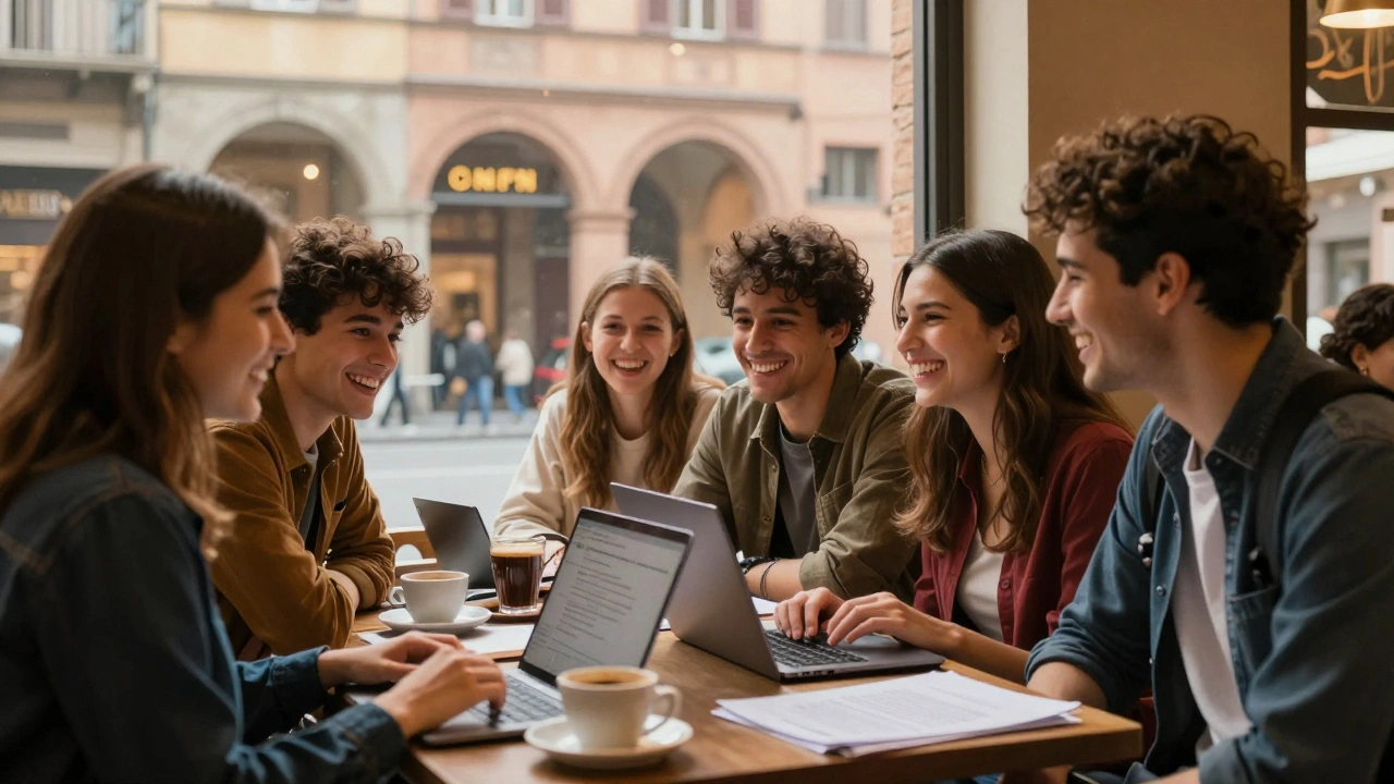 International students in Bologna café working together, one with Union Jack backpack, historic architecture visible
