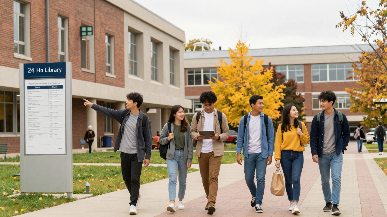 International students walking on campus, passing library and bus stop in autumn.