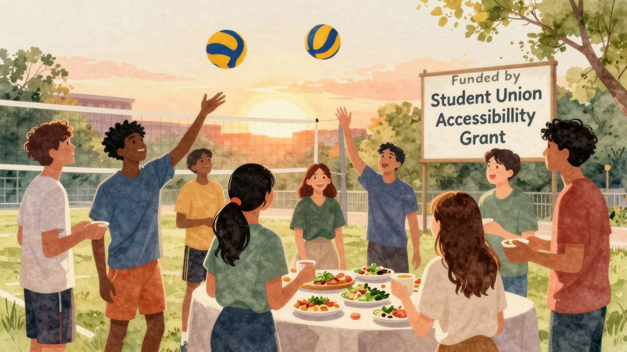 Multicultural students playing volleyball and sharing snacks at an accessible society event.
