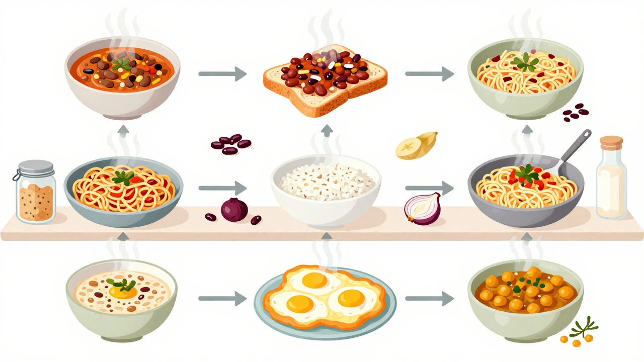 Seven-panel visual timeline of budget meals: stew, toast, pasta, oatmeal, fry-up, curry, connected by steam and ingredients.