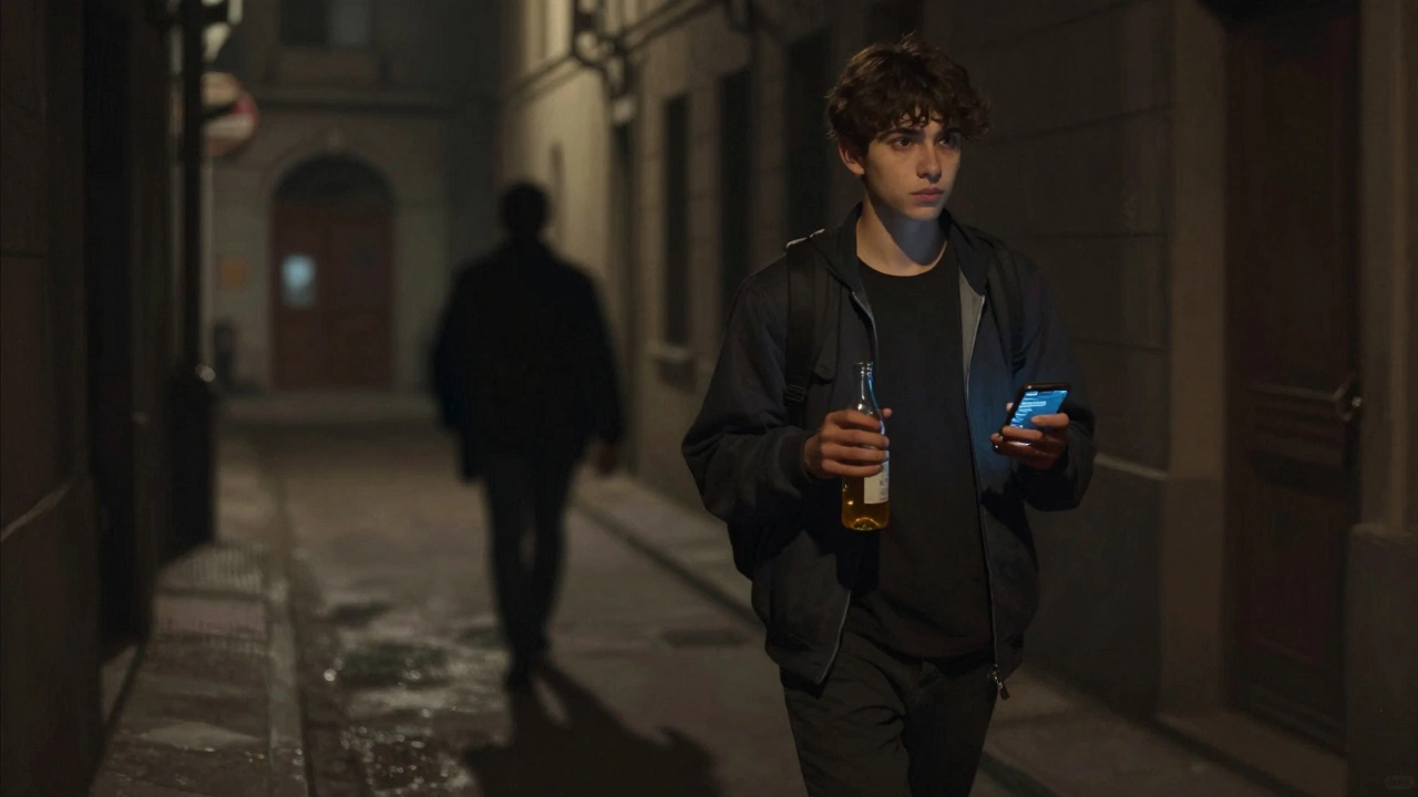 Solo traveler walking confidently at night in European alley, holding bottled drink, emergency contacts on phone.