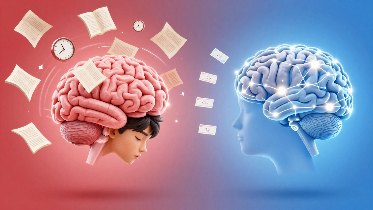 Split-brain illustration: chaotic stress on one side, organized learning on the other, with glowing neural pathways.