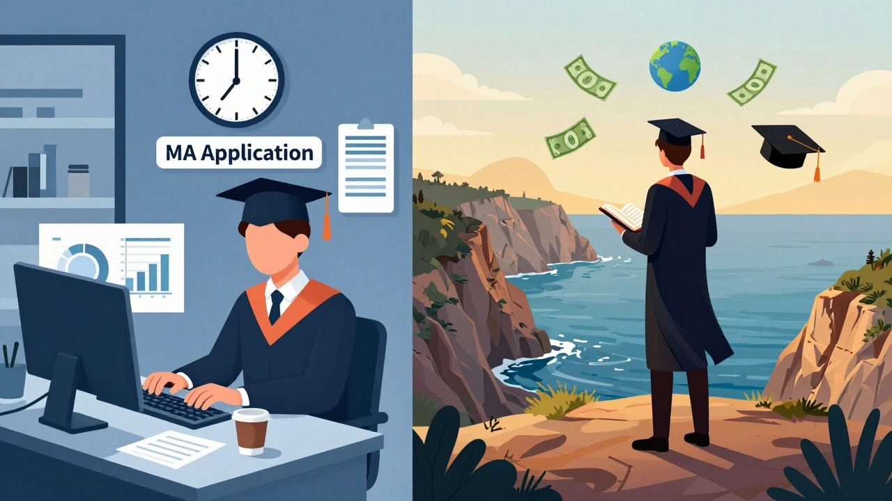 Split illustration: graduate in office vs. on cliff, symbols of work, study, and travel floating above.
