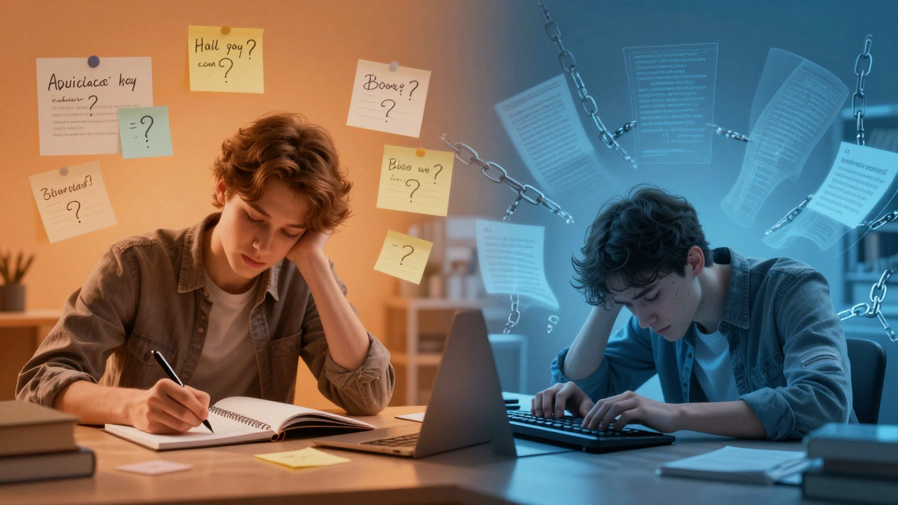 Split image: student writing independently on left, overwhelmed by AI text on right, symbolizing ethical vs. unethical use.