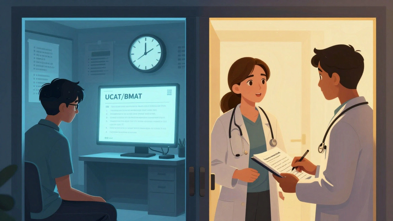 Split scene: one student stressed over a test screen, another confidently interviewing with a doctor.