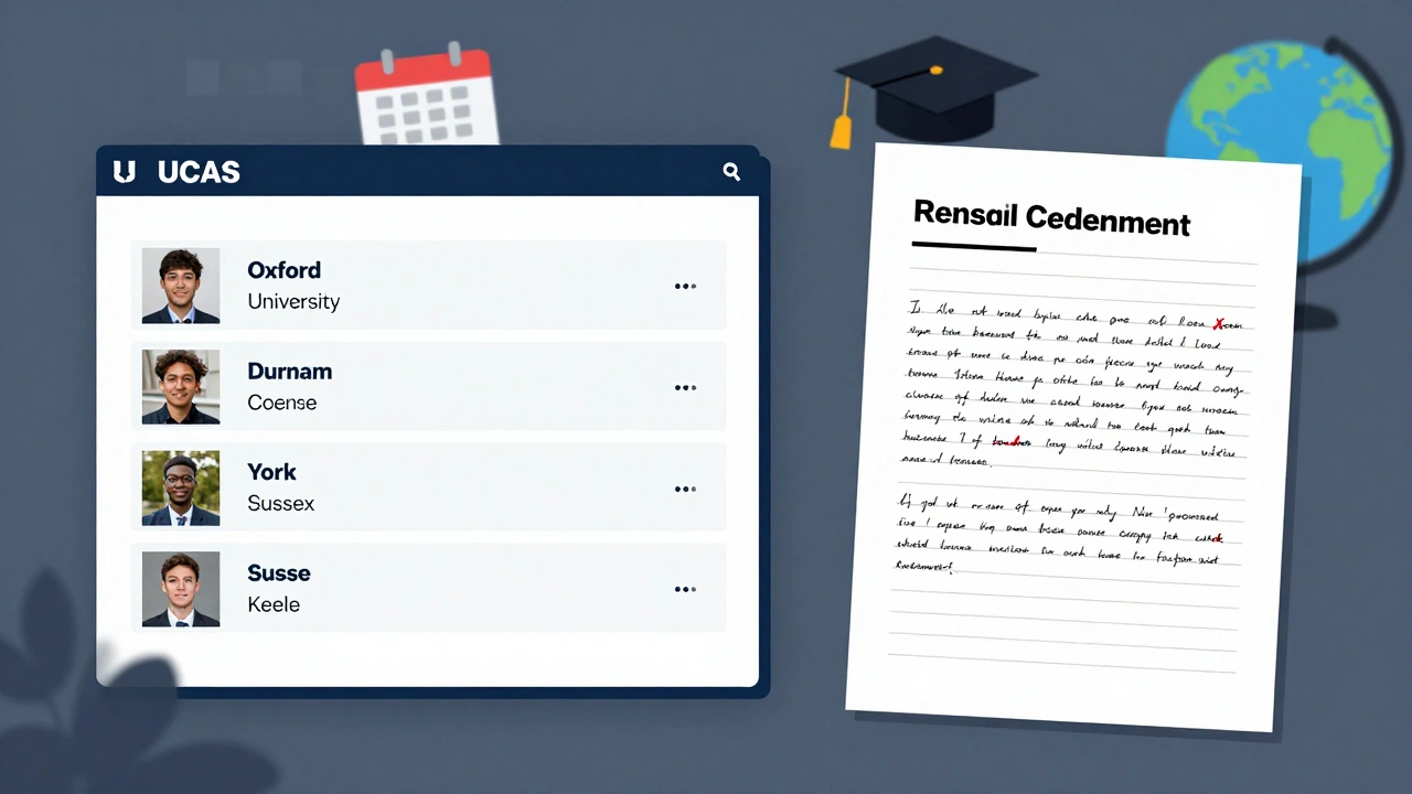 Split-screen of UCAS course choices and a revised personal statement draft with highlighted edits.