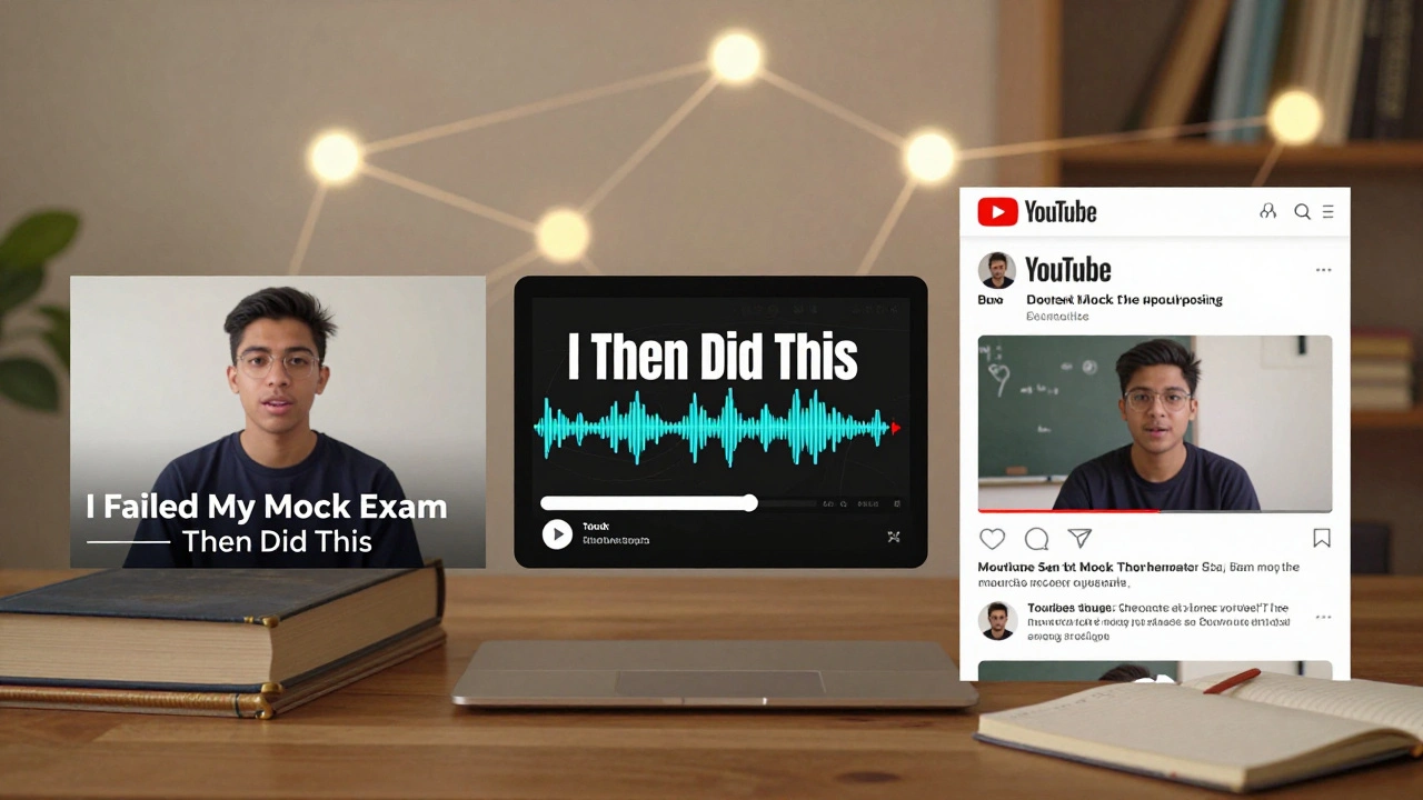 Split-screen of YouTube video, Shorts clip, and blog post with connecting links showing content repurposing.