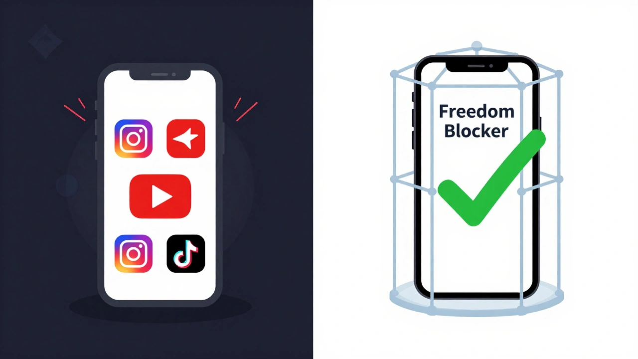 Split screen: phone flooded with social media apps vs. locked behind a blocker.