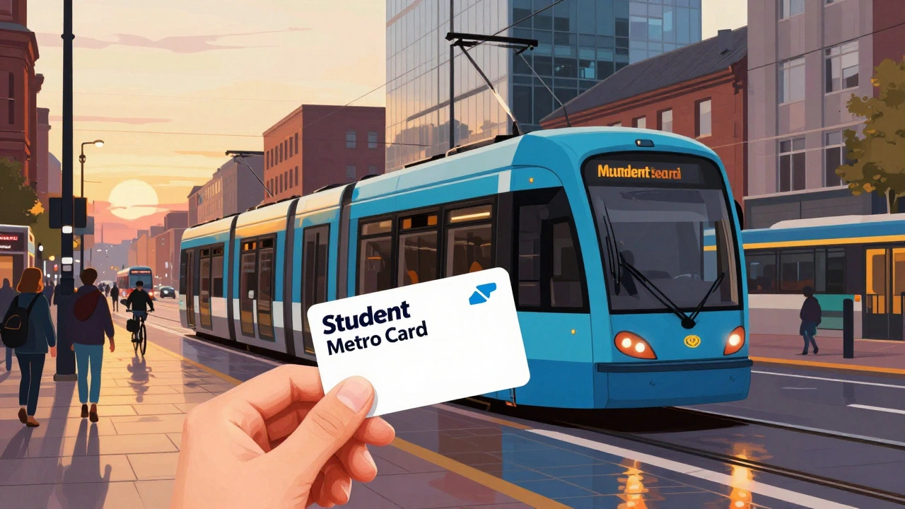 Student boarding a Manchester Metrolink tram at sunset with city lights reflecting.