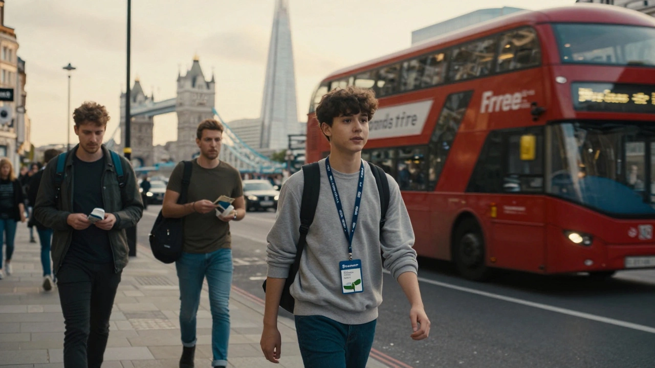 Student boarding a red London bus with Oyster card lanyard, city skyline in background
