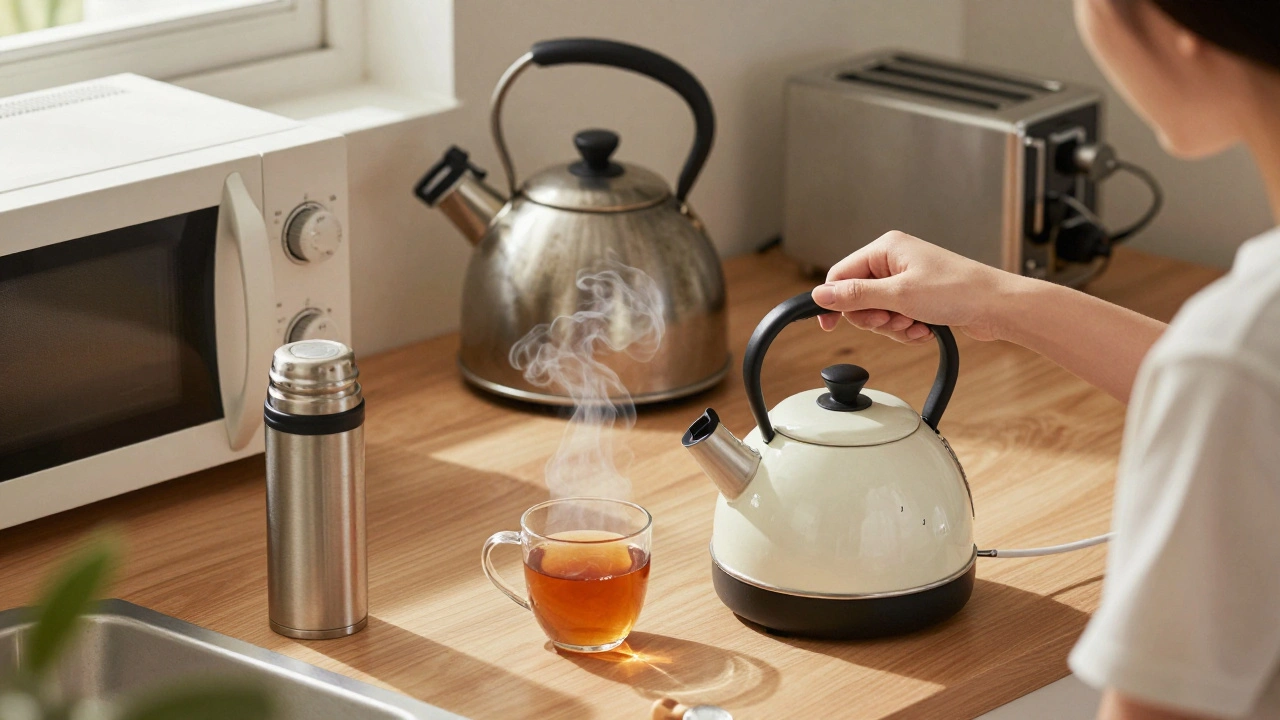 Student boiling just enough water in a small kettle with a thermos nearby in a cozy kitchen.