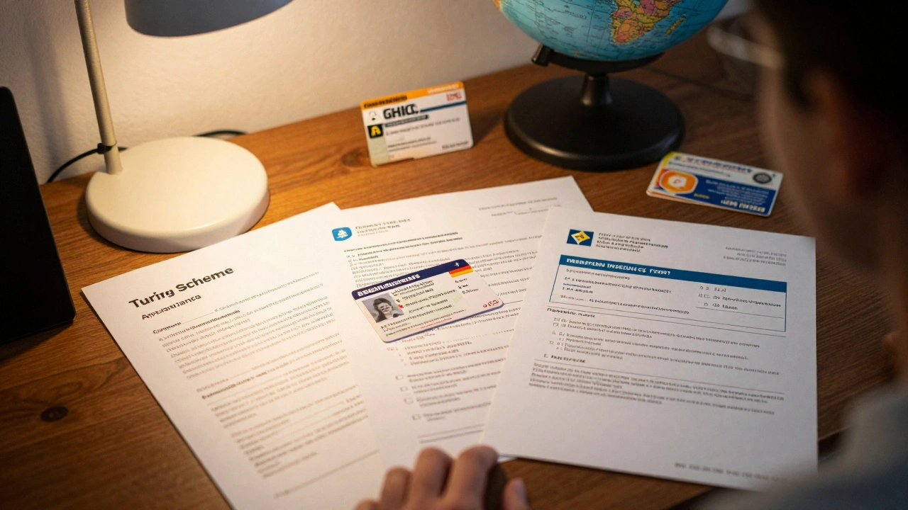 Student desk with Turing Scheme documents, GHIC card, visa forms, and insurance papers