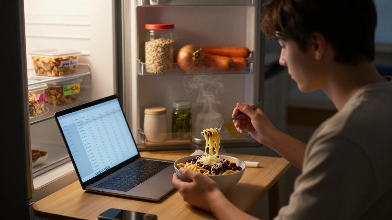 Student eating pasta at night in room, fridge showing frozen meals, laptop with budget app visible.