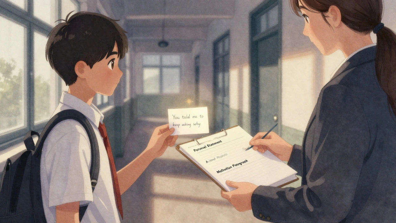 Student giving teacher a folder with academic projects and a handwritten note in school corridor