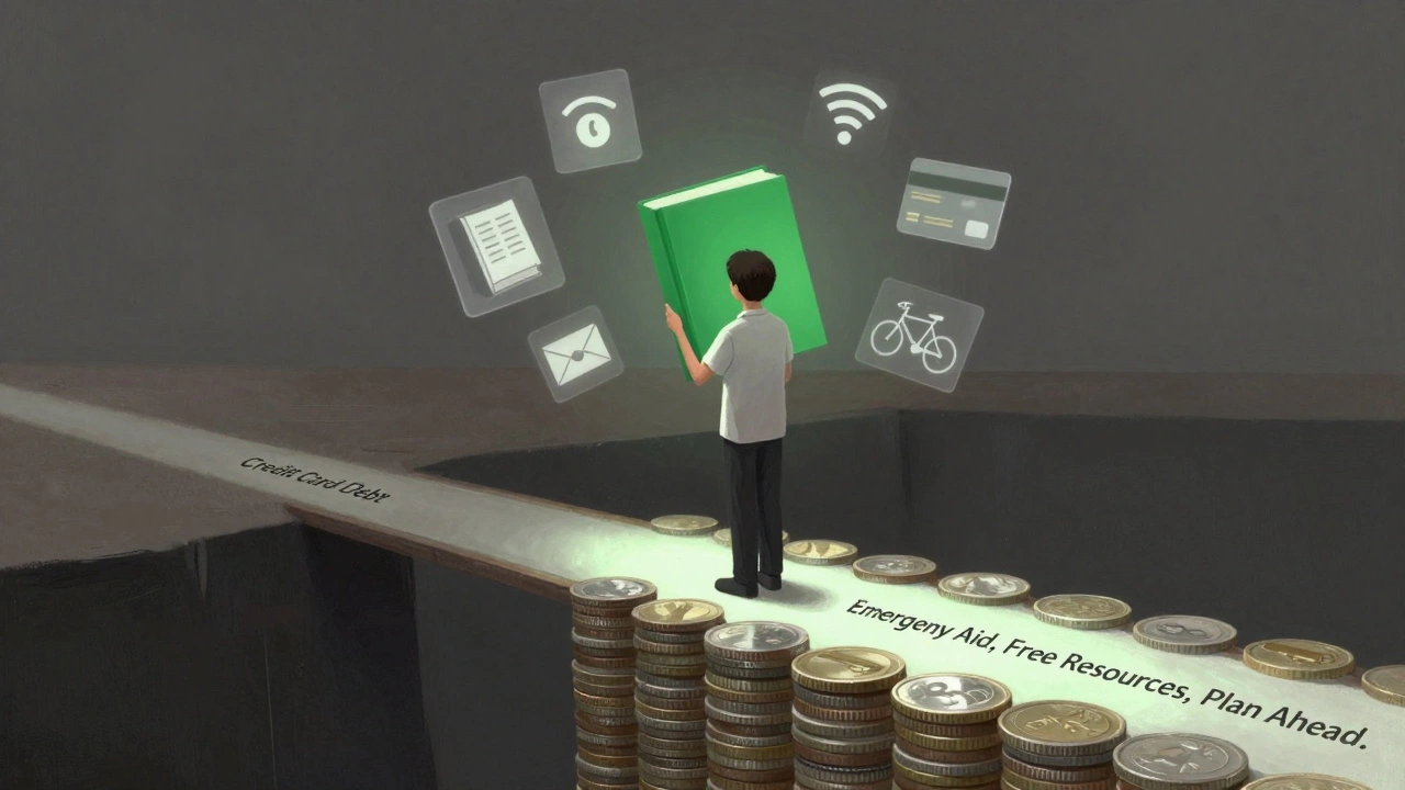 Student holding a textbook surrounded by icons of free campus resources and financial aid.