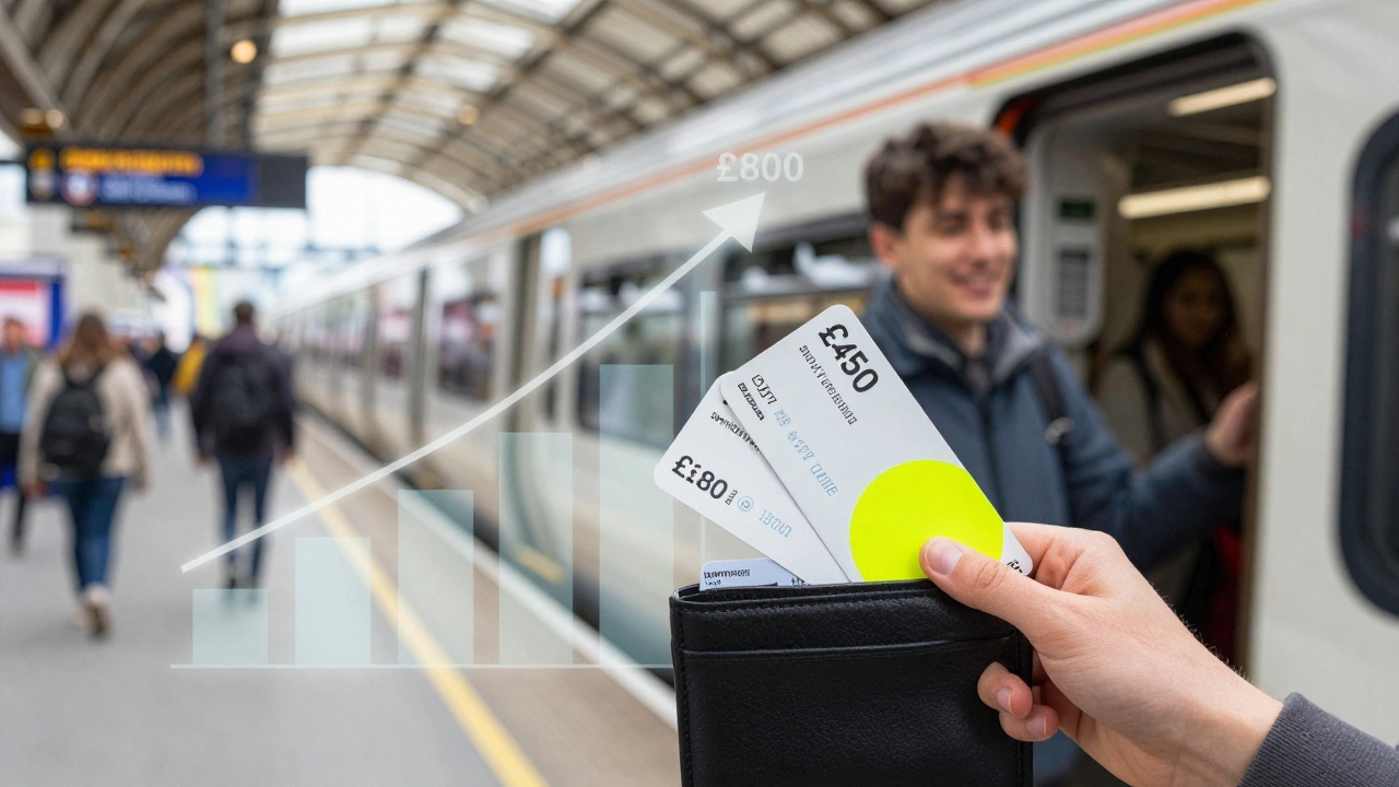 Student holding two train tickets at a station with a savings graph overlay in the background.