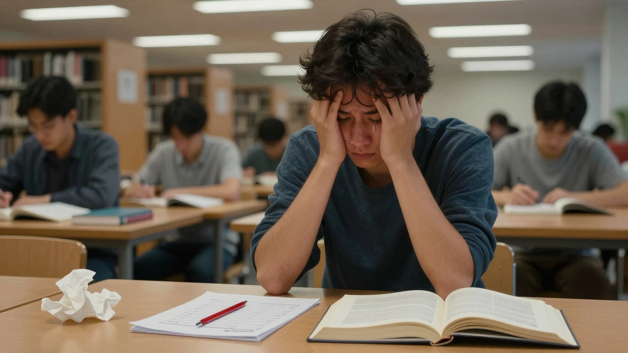 Student in library at night, head in hands, tears under fluorescent light, surrounded by calm peers.