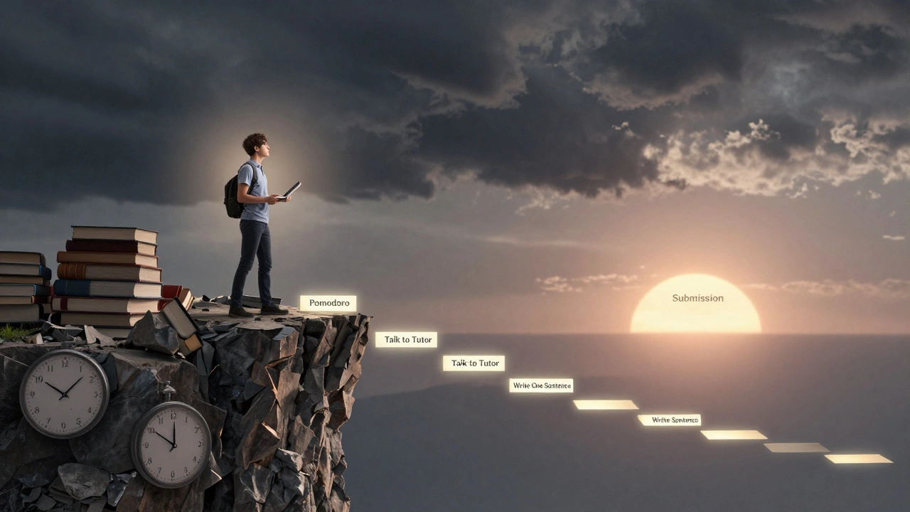 Student on cliff of books and clocks, walking a path of small steps toward sunrise labeled 'Submission'.