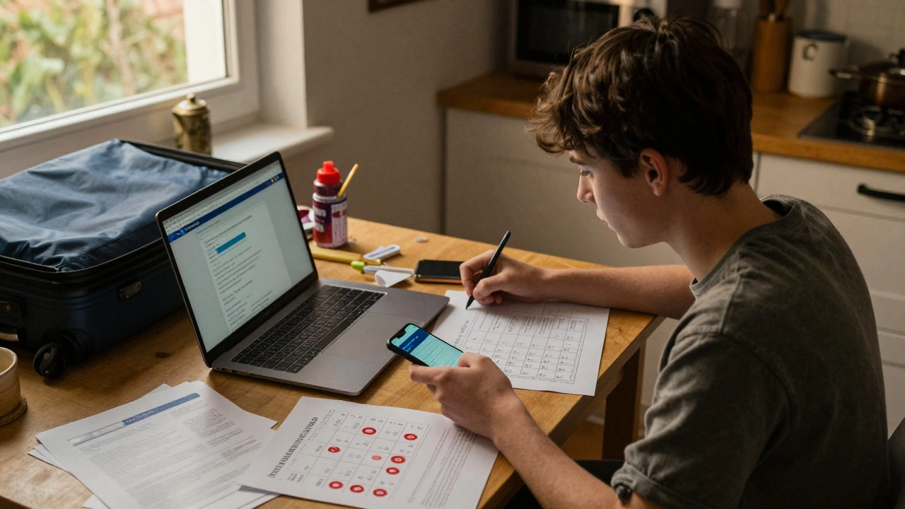 Student packing for trip home with visa documents and calendar on kitchen table