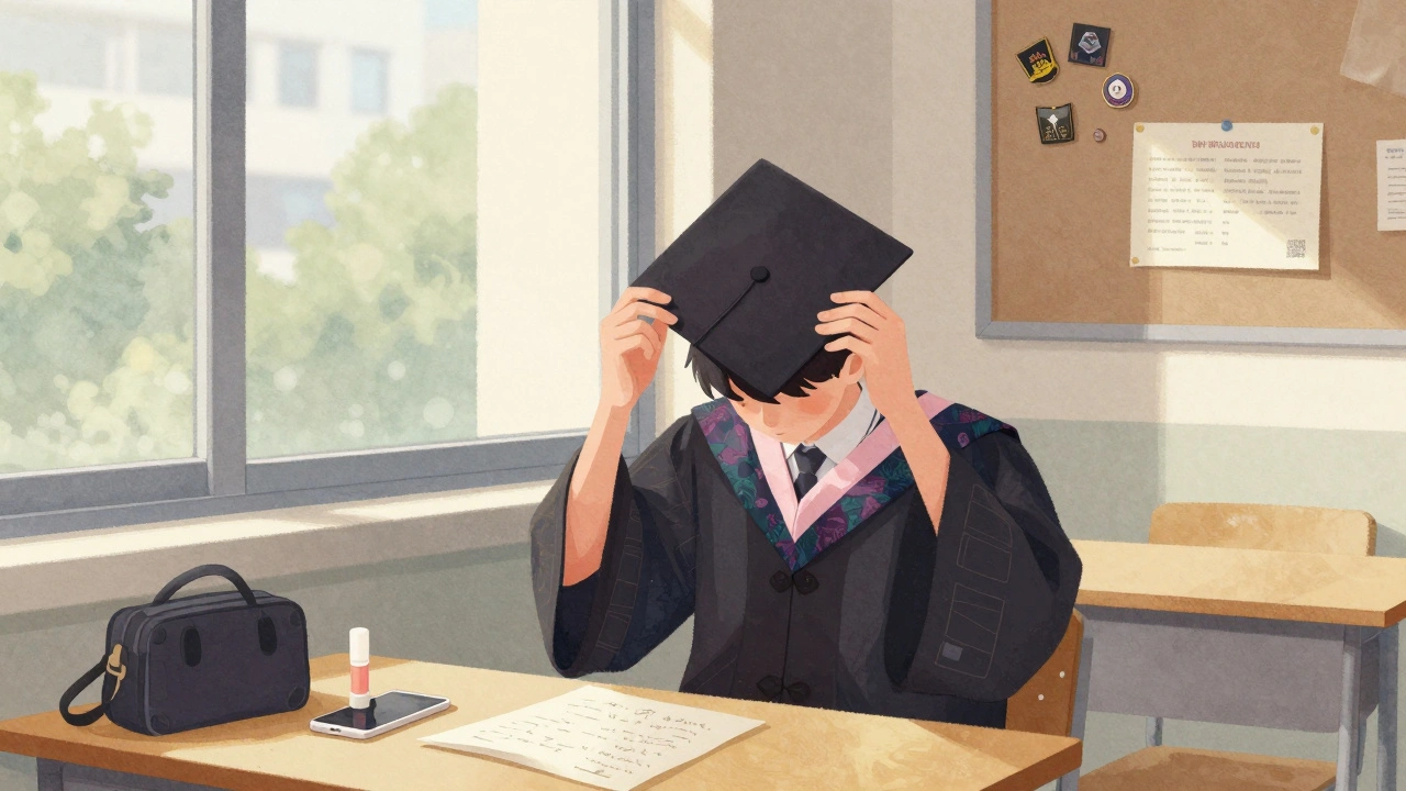 Student putting on their graduation hood in a quiet room with morning light and personal items on desk.