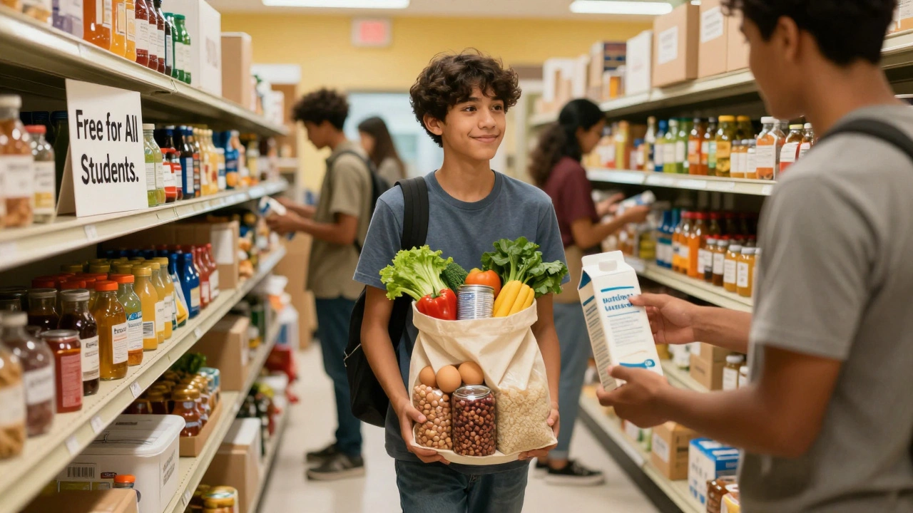 Student receiving free groceries from a campus food pantry with a smile.