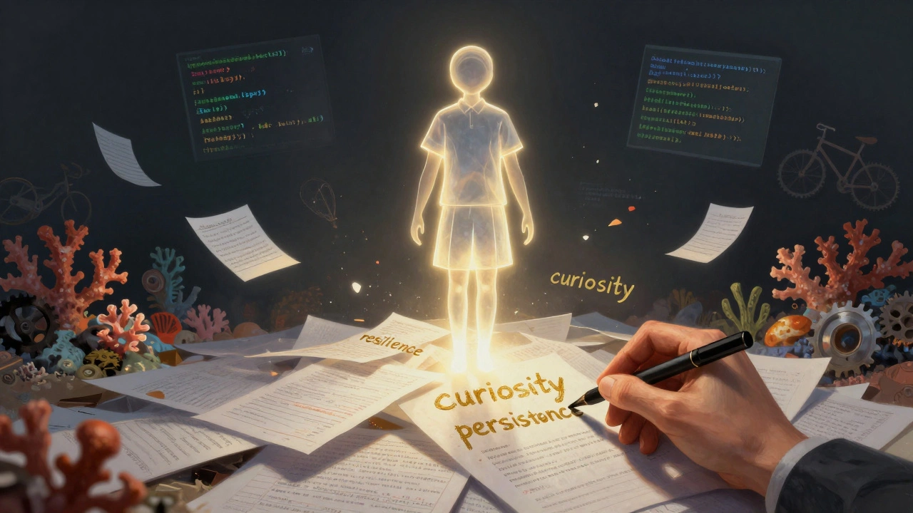 Student rising from grades as teacher writes qualities like resilience and curiosity in golden ink