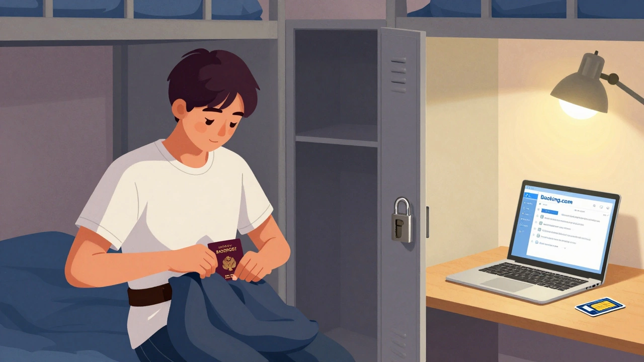 Student securing passport in money belt in hostel room, padlocked locker and local SIM card visible.