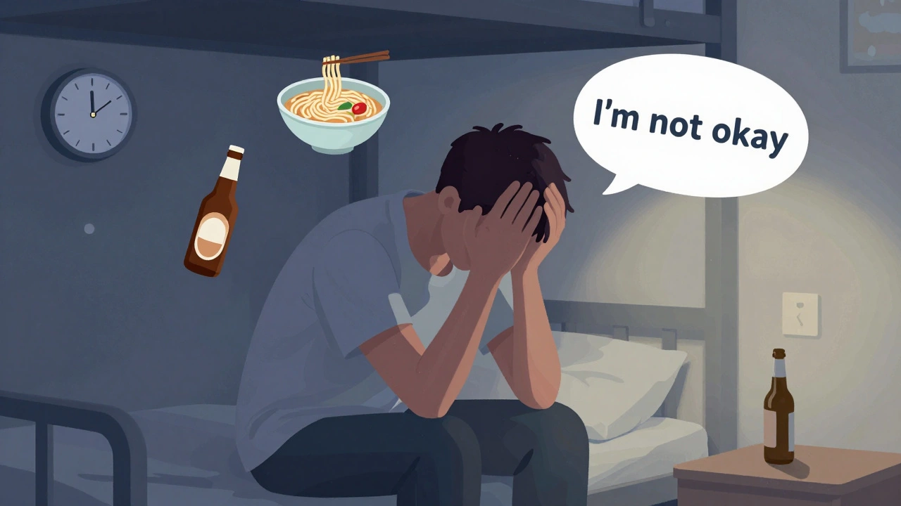 Student sitting on bed surrounded by symbols of stress and self-care.