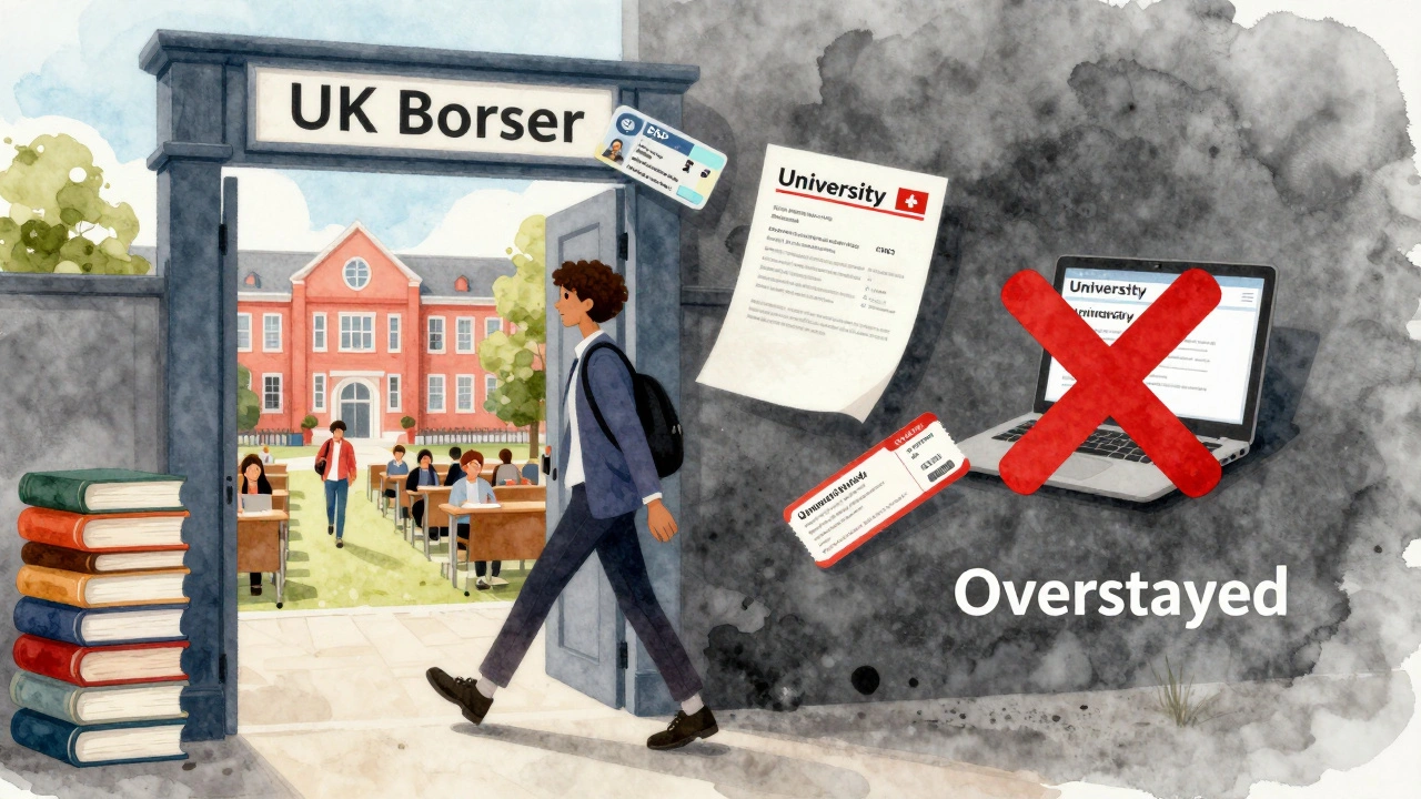 Student stepping through border portal between campus life and overstaying zone