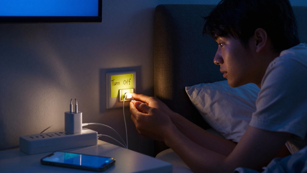 Student turning off a power strip at night with clothes drying on a radiator in the background.