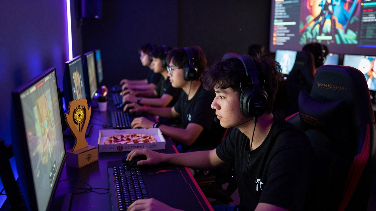 Students competing in a Valorant eSports tournament with glowing LED lights and pizza boxes nearby.