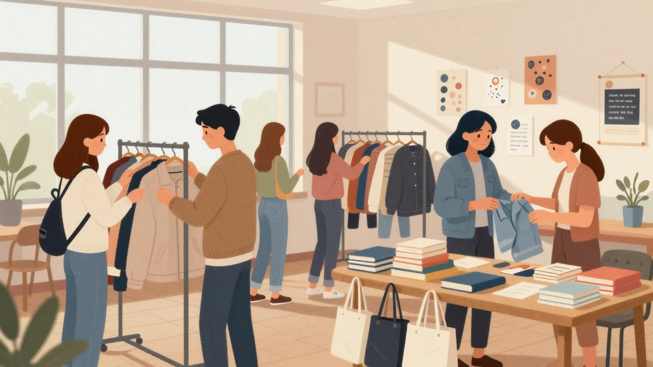 Students exchanging secondhand clothes at a campus swap event with books and tote bags.