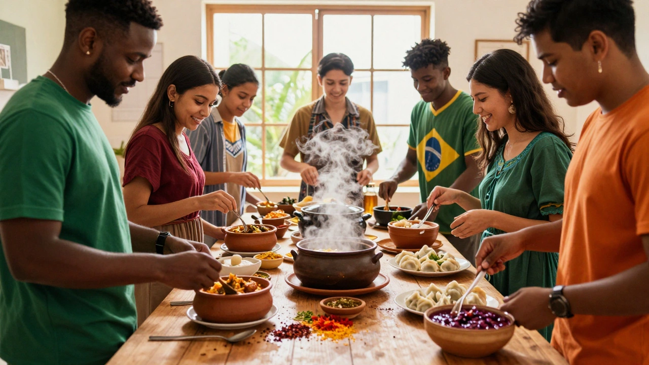 Students from different countries cooking together in a shared kitchen, laughing around a table filled with global dishes.