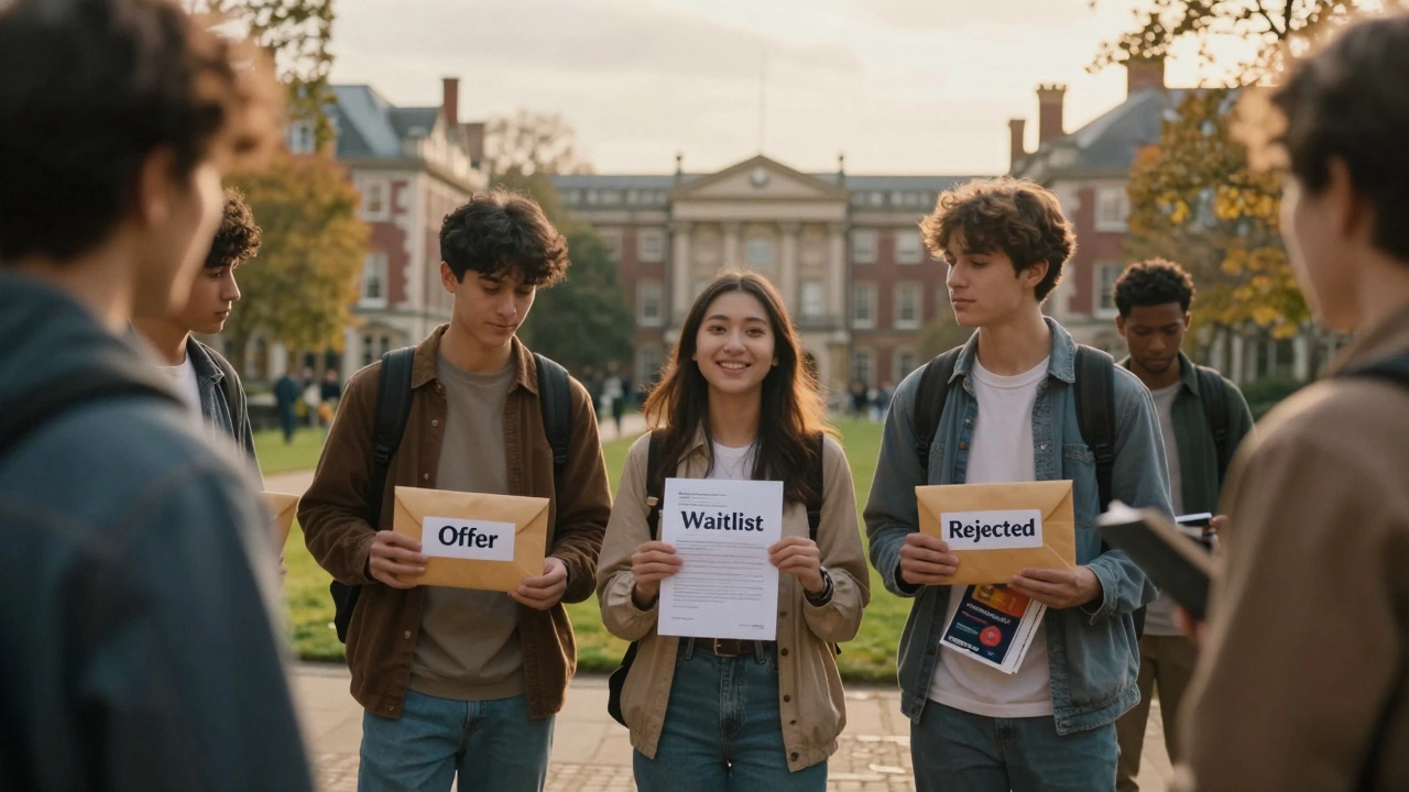 Students in a university courtyard holding letters labeled 'Offer', 'Waitlist', and 'Rejected'.