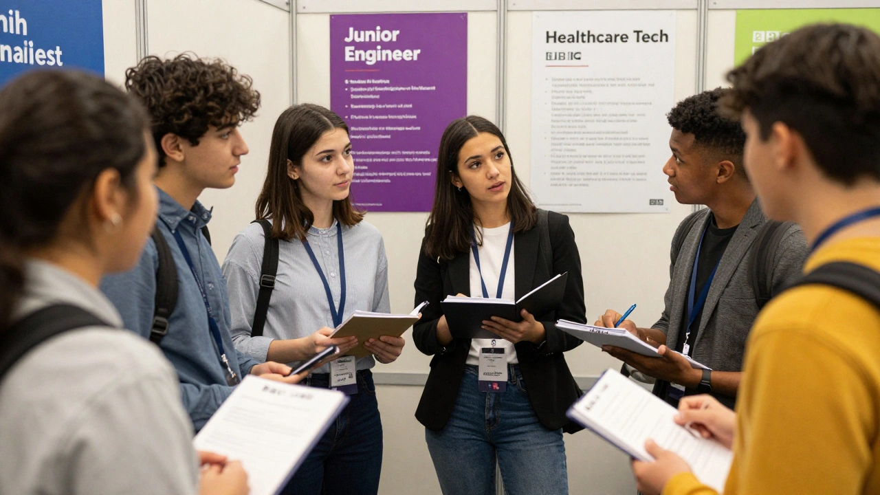 Students listening to a graduate speak at a university career fair about real-world jobs.