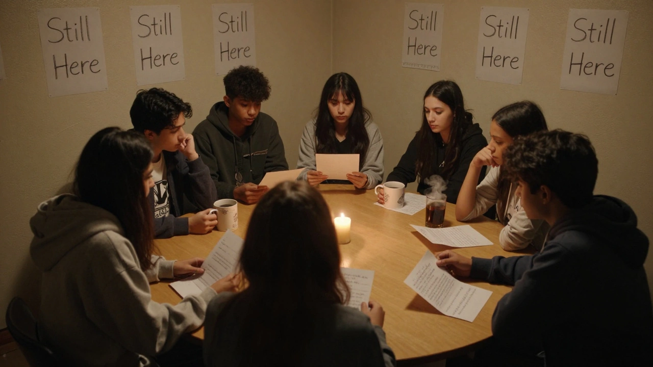 Students sit in quiet solidarity in a basement support group, sharing silence and handwritten notes.