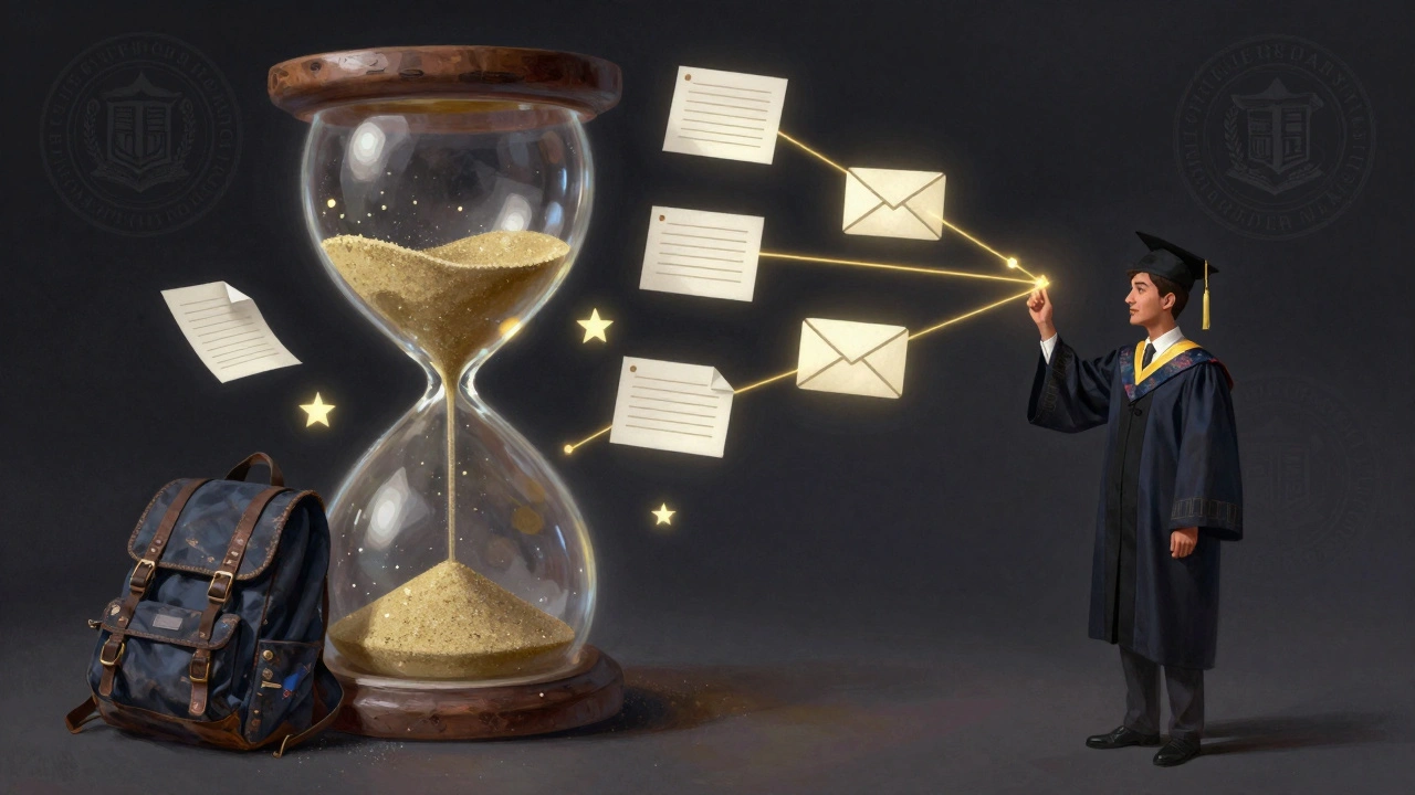 Symbolic hourglass made of teaching tasks hovering above a student’s backpack, representing hidden academic workload.