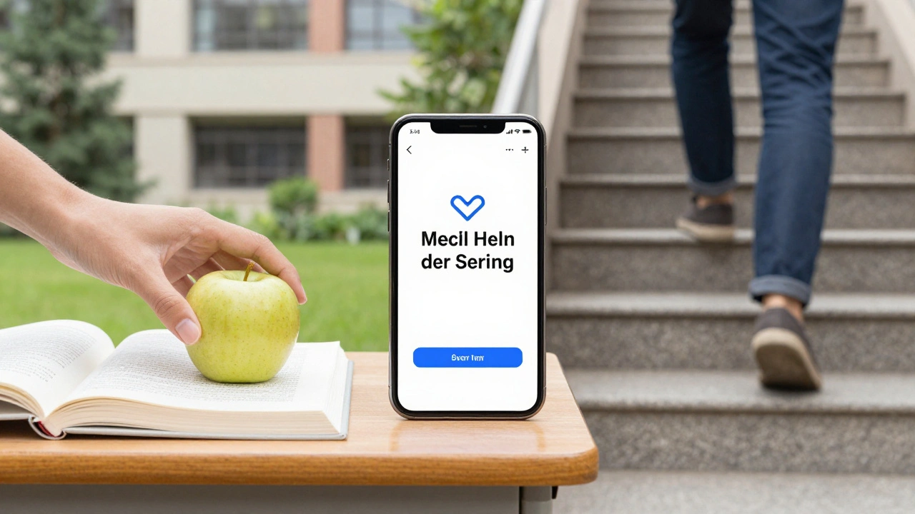 Three simple healthy habits: eating fruit, saving a helpline number, taking stairs.