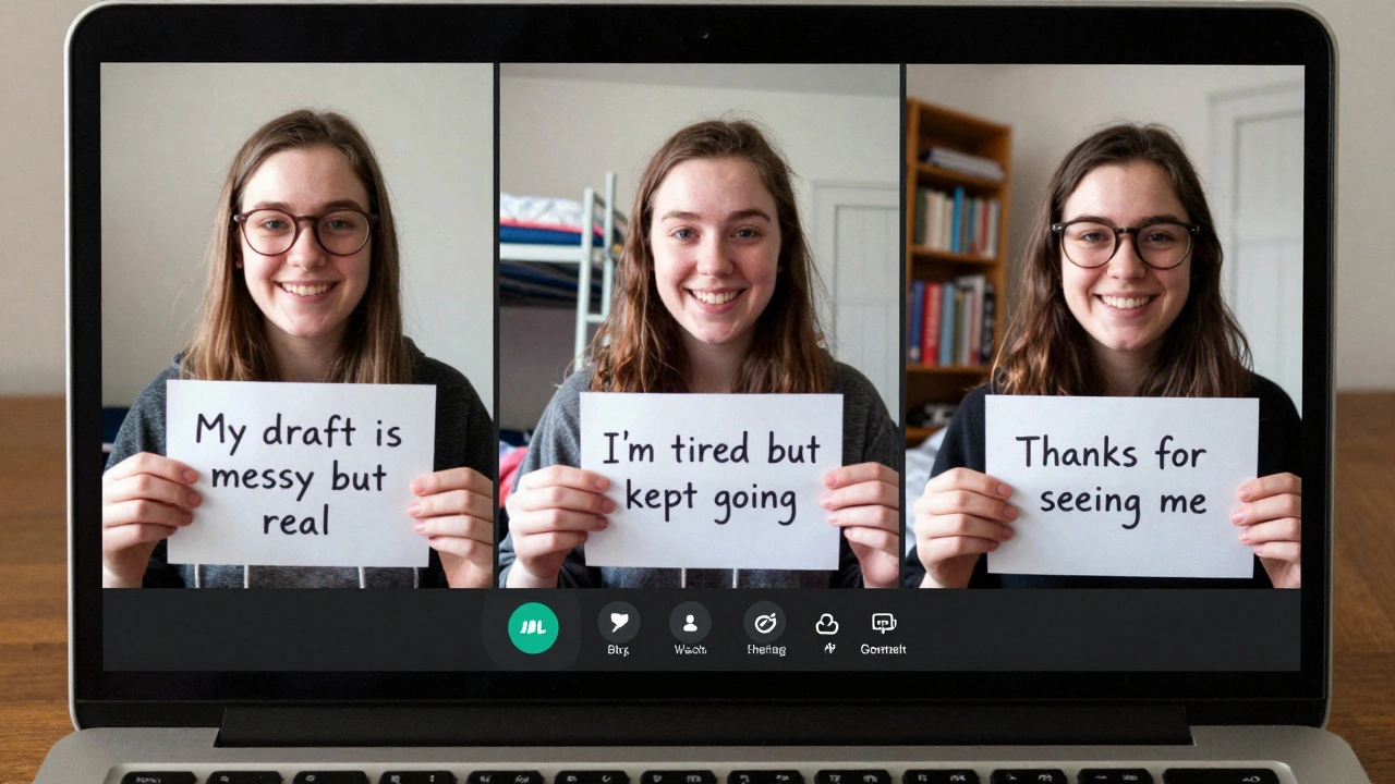 Three university students in video call windows sharing encouragement and handwritten notes.