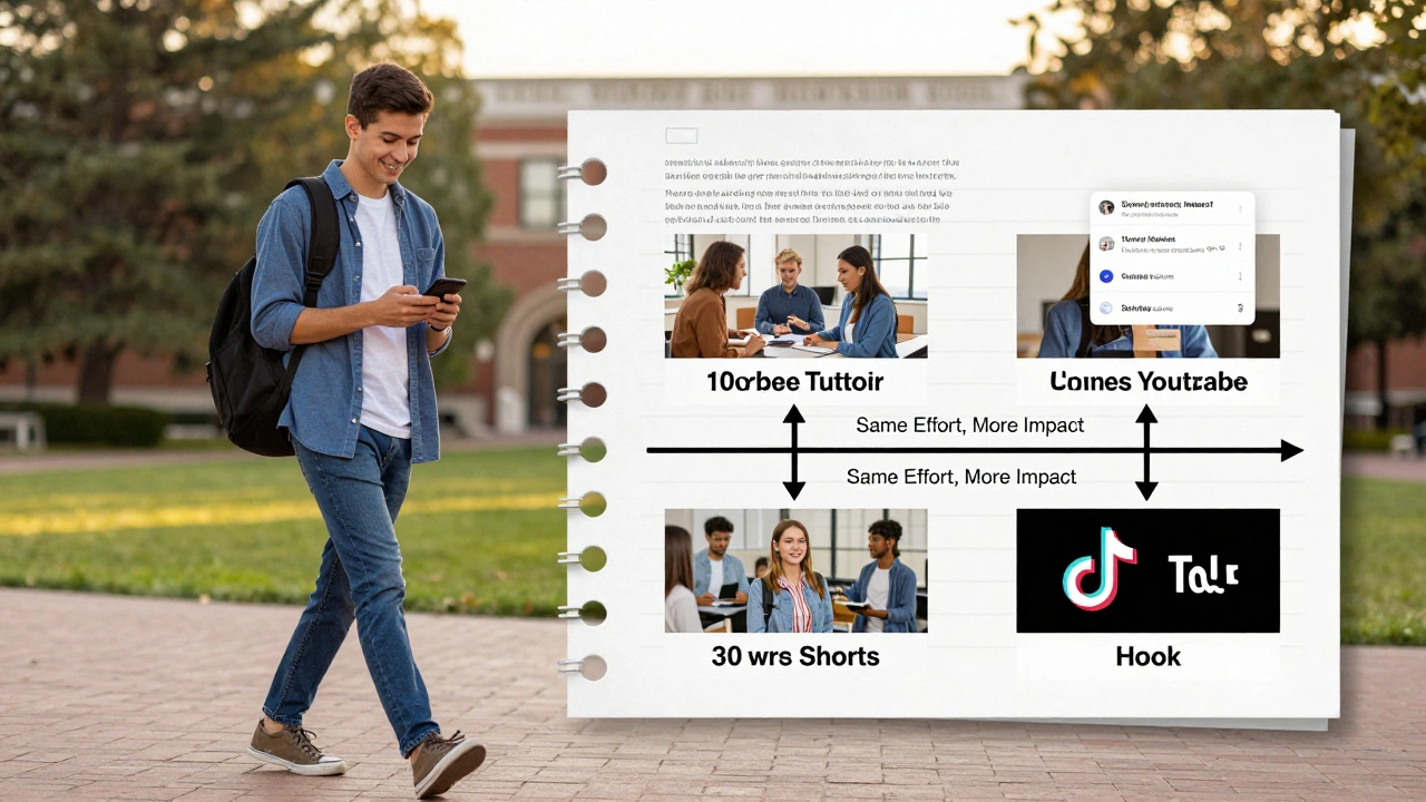 Timeline showing one blog post turning into multiple videos and Shorts, with student walking confidently on campus.