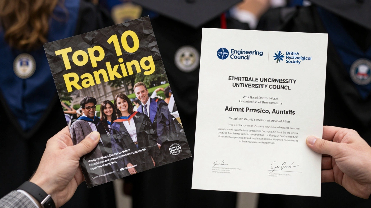 Two hands holding contrasting documents: a ranking brochure and an official accreditation certificate.