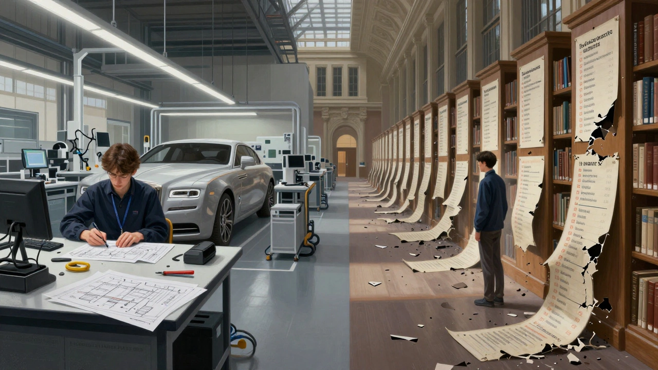 Two paths: one in a Sheffield automotive lab with industry partners, the other in a crumbling ranking-dominated library.