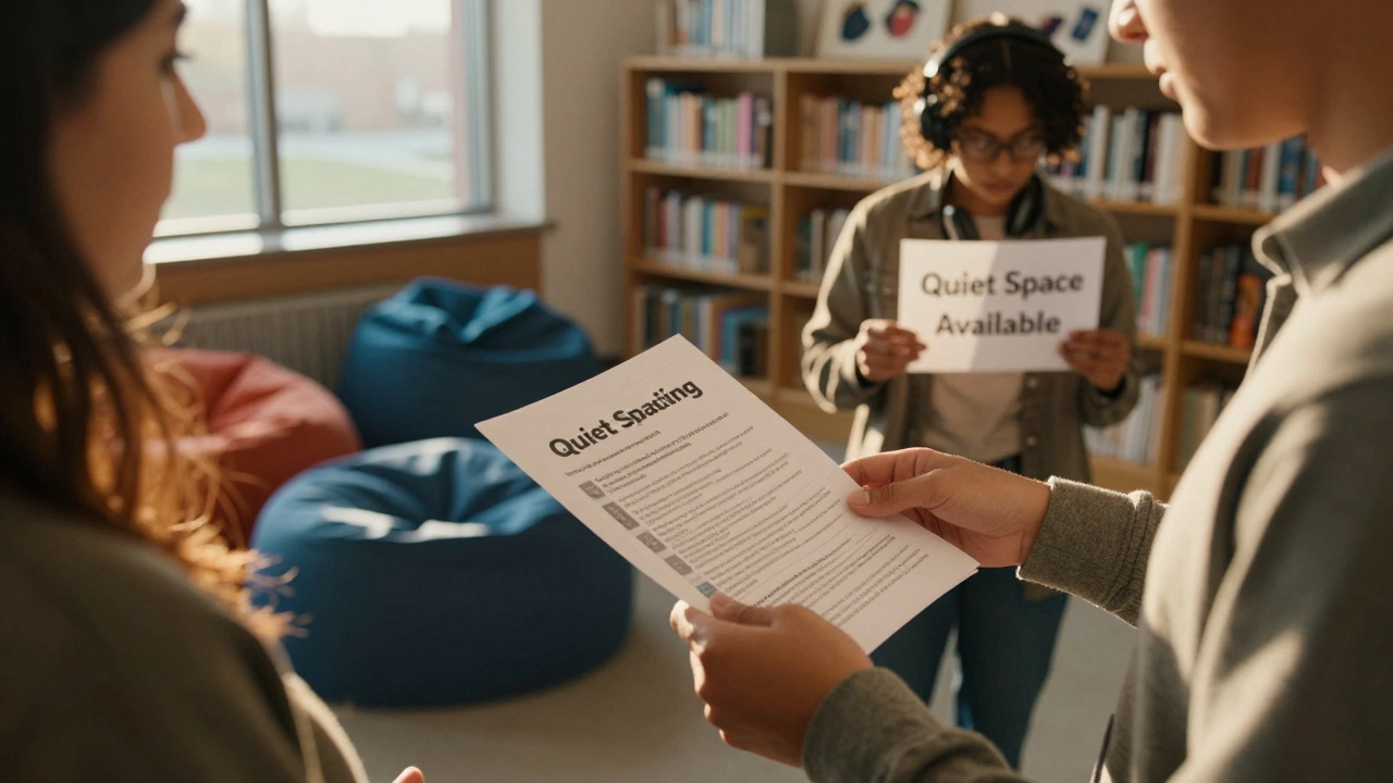 Two students exchanging an inclusive meeting guide near a quiet space with headphones.