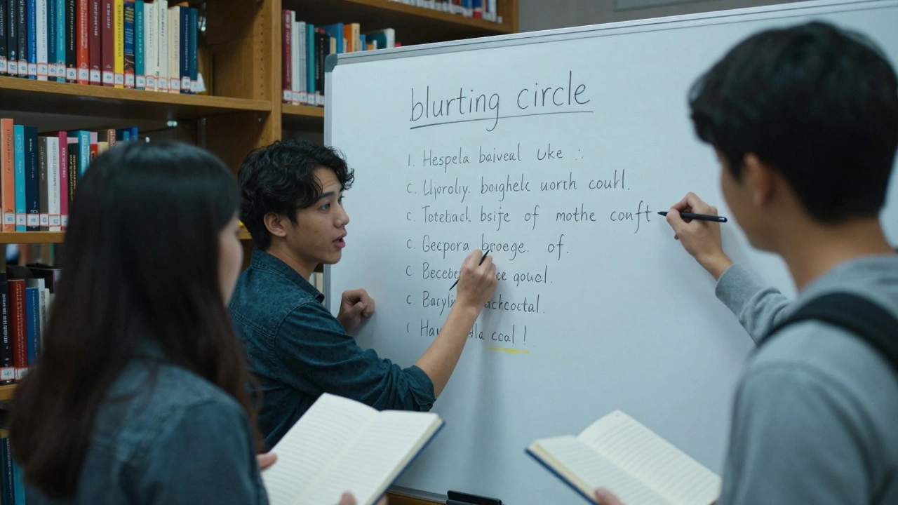 Two students in a library, one explaining from memory while the other takes notes during a blurting circle.