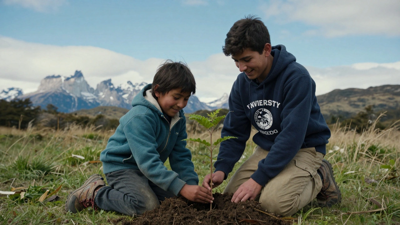 UK student planting tree with child in Patagonia under mountain sky, wearing university hoodie
